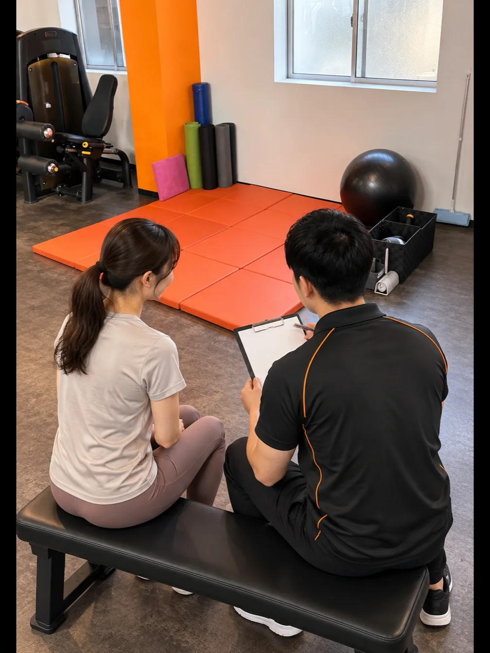 トレーナーと向かい合って体の悩みを相談する様子（イメージ）